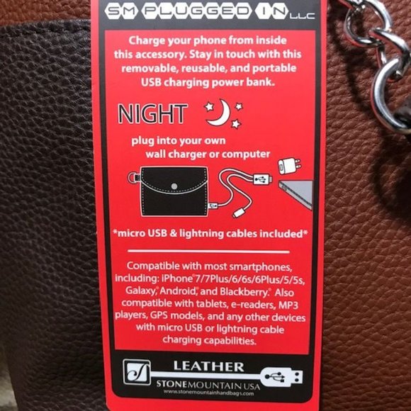 Stone Mountain Caramel Genuine Leather Tote w/Portable USB Charge Bank & Cords - Picture 12 of 13